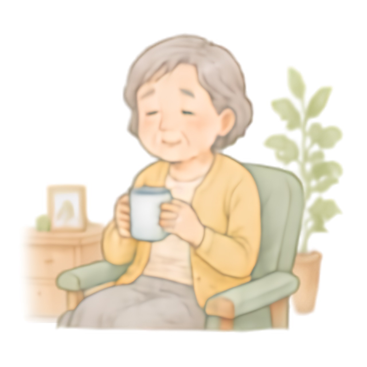 自宅の椅子で穏やかに過ごす高齢者のイラスト
