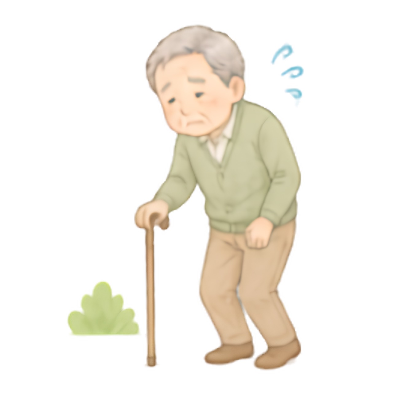 杖を使いながら歩くことに不安を感じている高齢者のイラスト