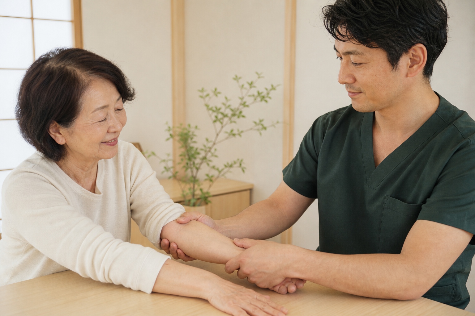 男性施術者が利用者の腕を丁寧に施術する様子