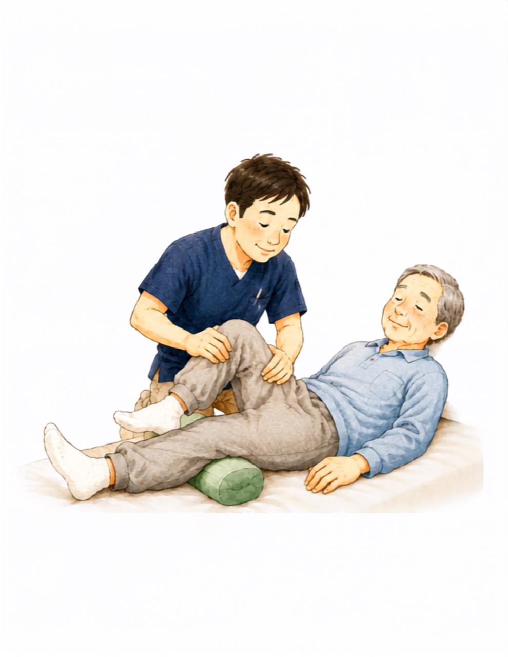 ご自宅のベッドで利用者の膝を施術する訪問マッサージのイラスト